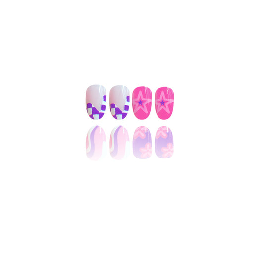 Whimsical Dream Press On Nail Set Short Oval Bright Pink and Purple with Unique Star and Floral Designs