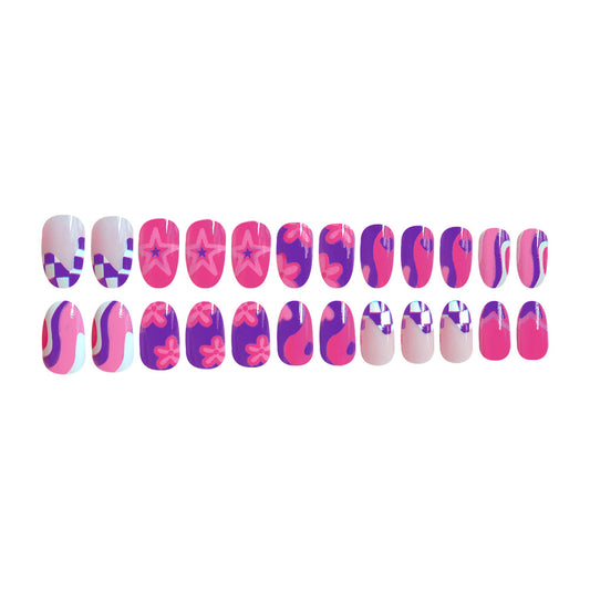 Vibrant Whimsical Elegance Short Oval Pink and Purple Colorful Patterned Press On Nail Set
