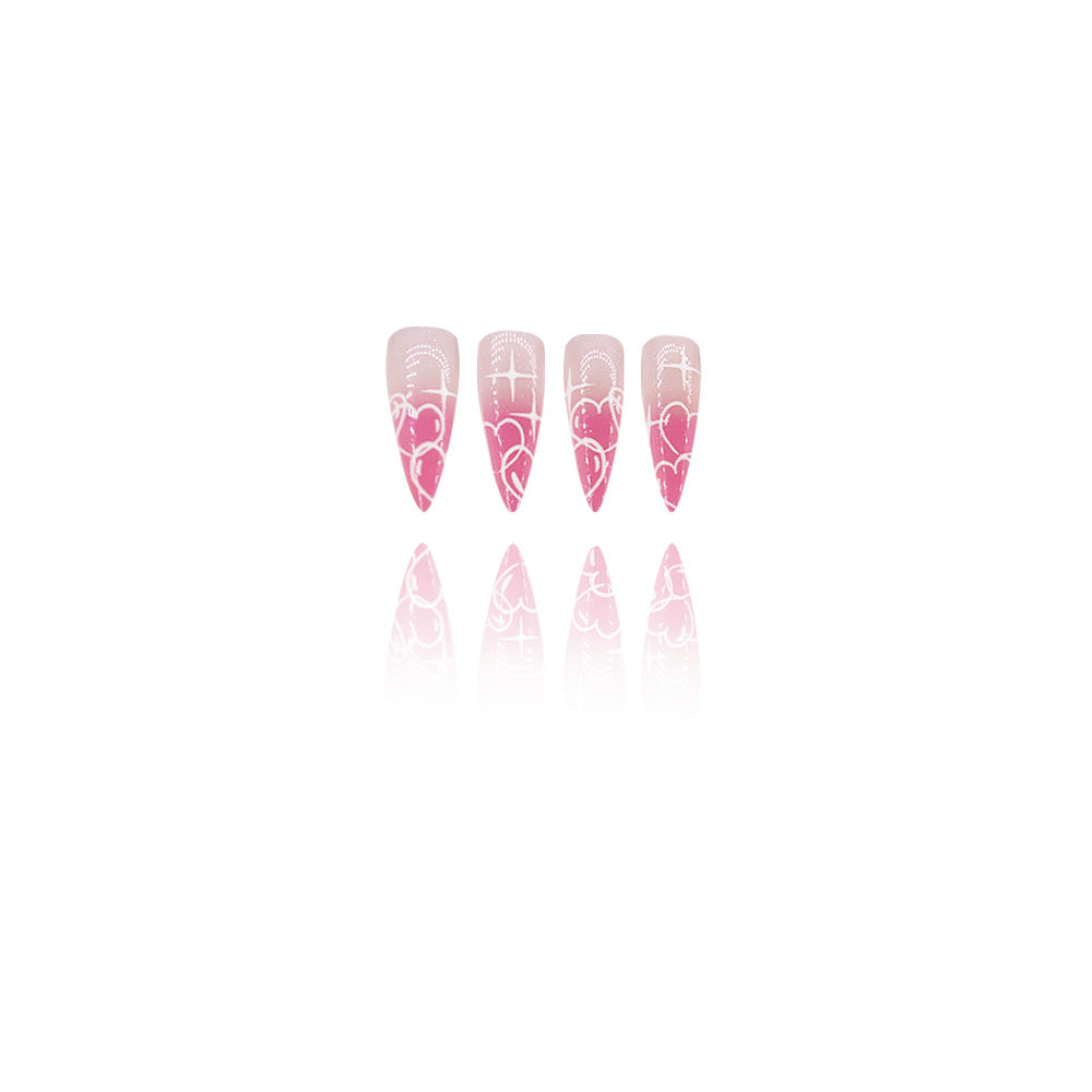 Romantic Dream Ombre Long Stiletto Pink Press on Nail Set with Heart and Swirl Design