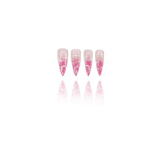 Romantic Dream Ombre Long Stiletto Pink Press on Nail Set with Heart and Swirl Design