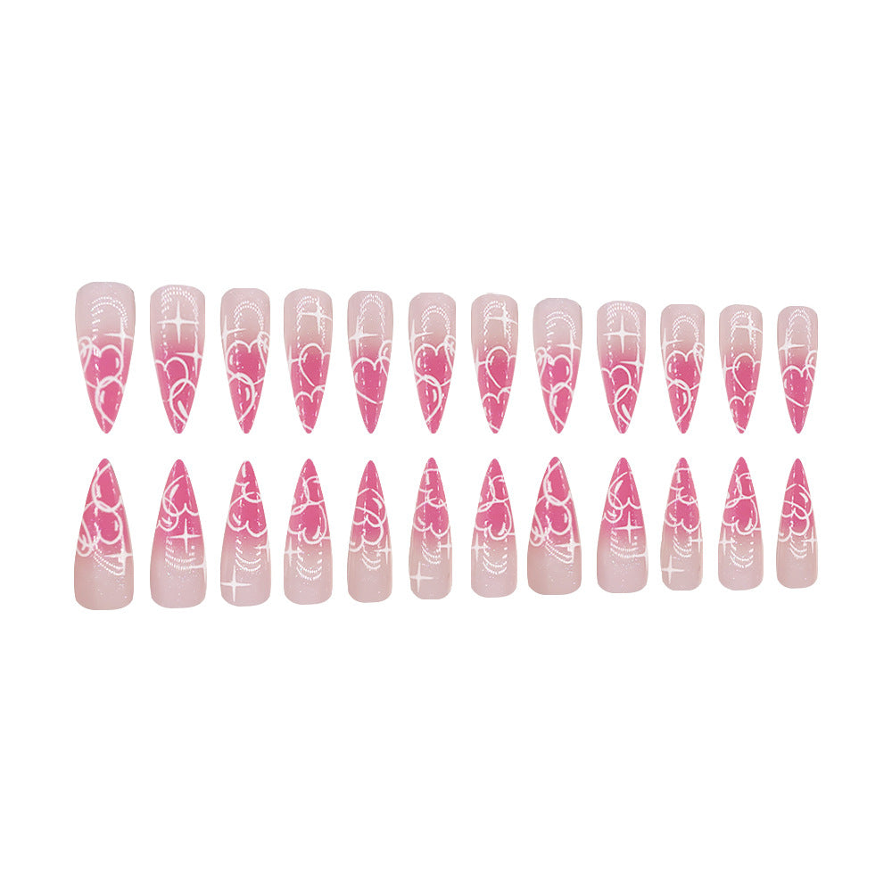 Whimsical Romance Long Stiletto Pink Ombre Nail Set with Heart Pattern