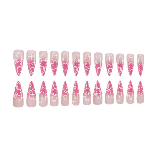 Whimsical Romance Long Stiletto Pink Ombre Nail Set with Heart Pattern
