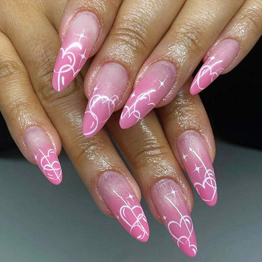 Romantic Hearts Long Almond Shaped Soft Pink Press On Nail Set with Charming White Swirls