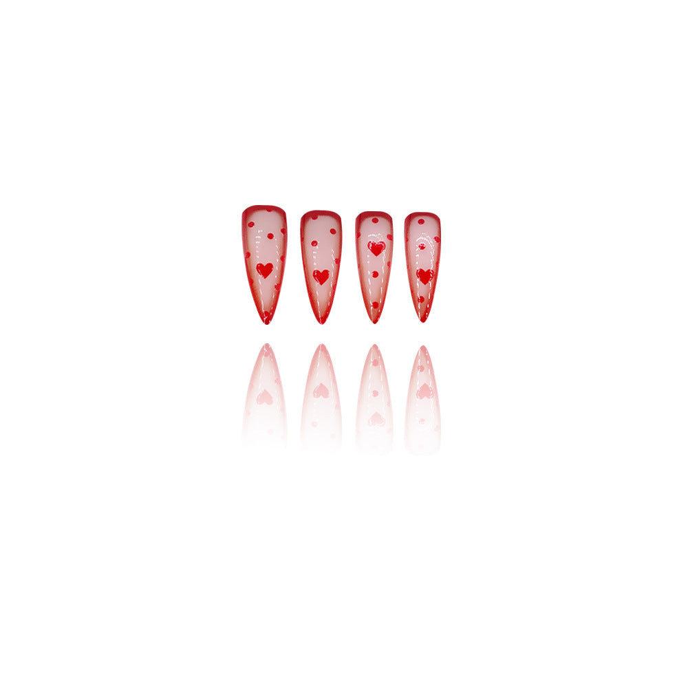 Romantic Dreams Long Stiletto Pointed Red Ombre Nail Set with Lovely Heart Accents