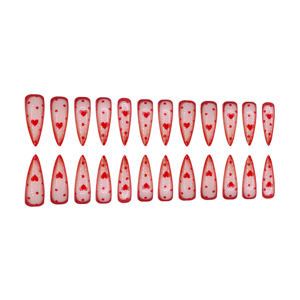 Valentine's Day Delight Long Stiletto Red Press On Nails with Heart Pattern Design