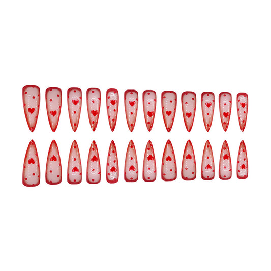 Valentine's Day Delight Long Stiletto Red Press On Nails with Heart Pattern Design