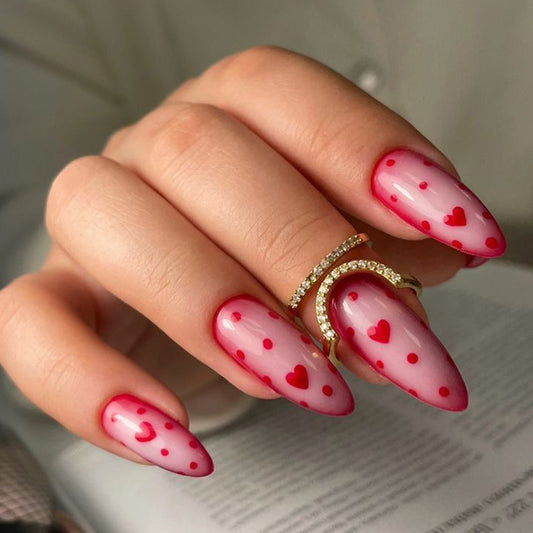 Romantic Bliss Long Almond Pink with Heart Dots and Glossy Finish Press On Nail Set