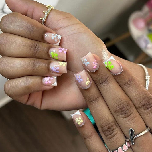 Floral Garden Lengthy Short Square Beige with Pastel Flower Accents Press-On Nail Set