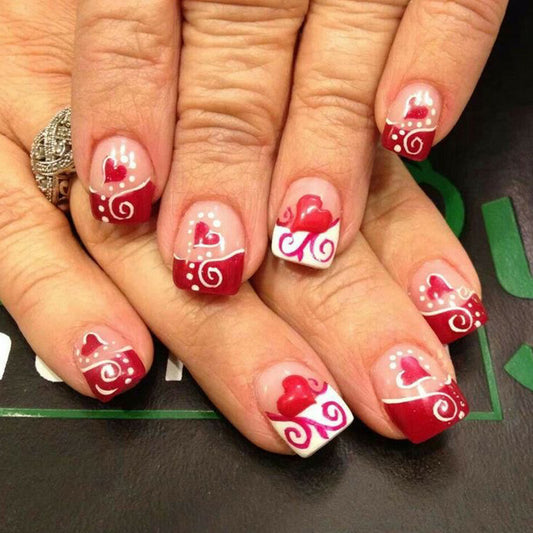 Romantic Heart Theme Short Square Red and White Press On Nail Set with Elegant Swirl Design