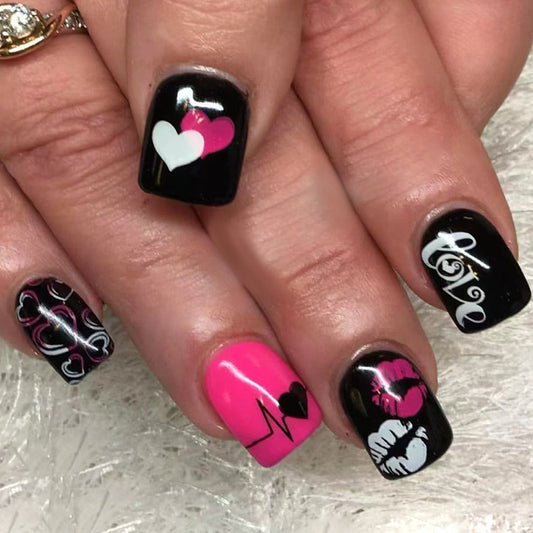 Romantic Heartbeat Short Square Black and Pink Press-On Nail Set with Fun Love Designs