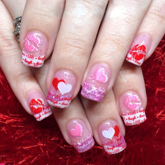 Lovely Hearts Press-On Nail Set in Short Square Shape with Sparkling Pink and Red Design Featuring Romantic Text Motifs
