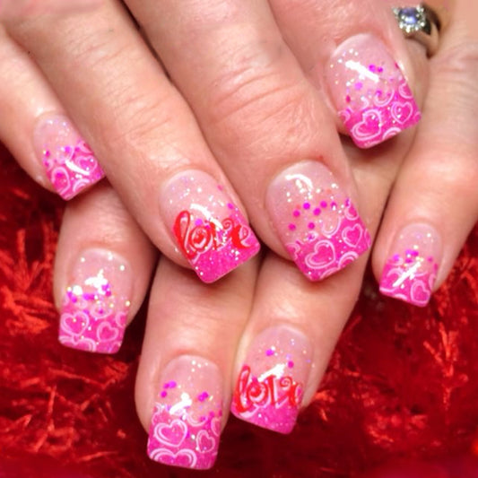 Romantic Dream Press-On Nails Short Square Pink with Glitter and Heart Designs