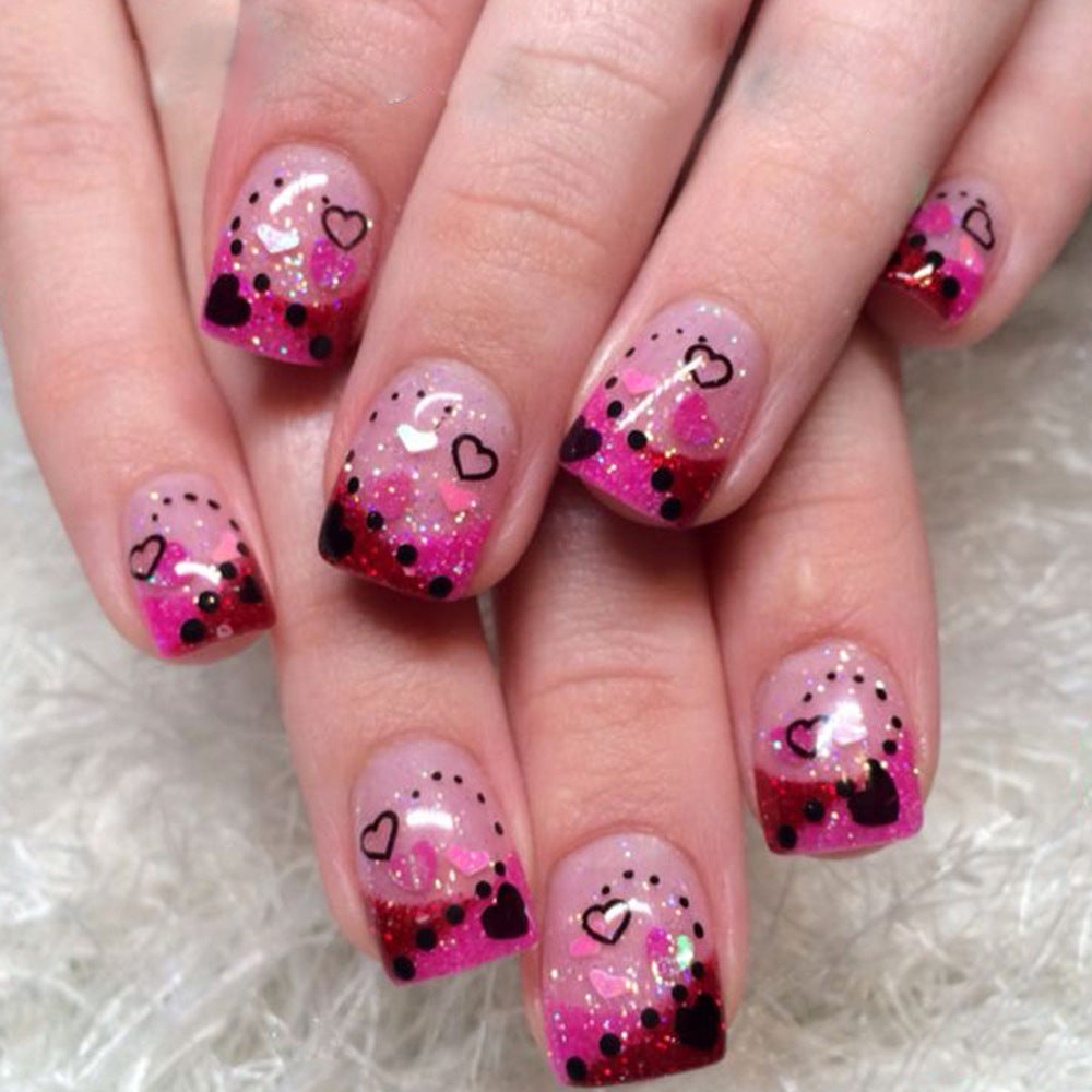 Sweetheart Glamour Short Square Beige Pink Ombre Nails with Sparkling Heart Accents