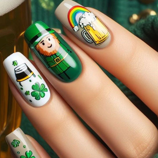 St. Patrick's Day Charm Medium Coffin Green Nail Set with Fun Leprechaun and Rainbow Designs