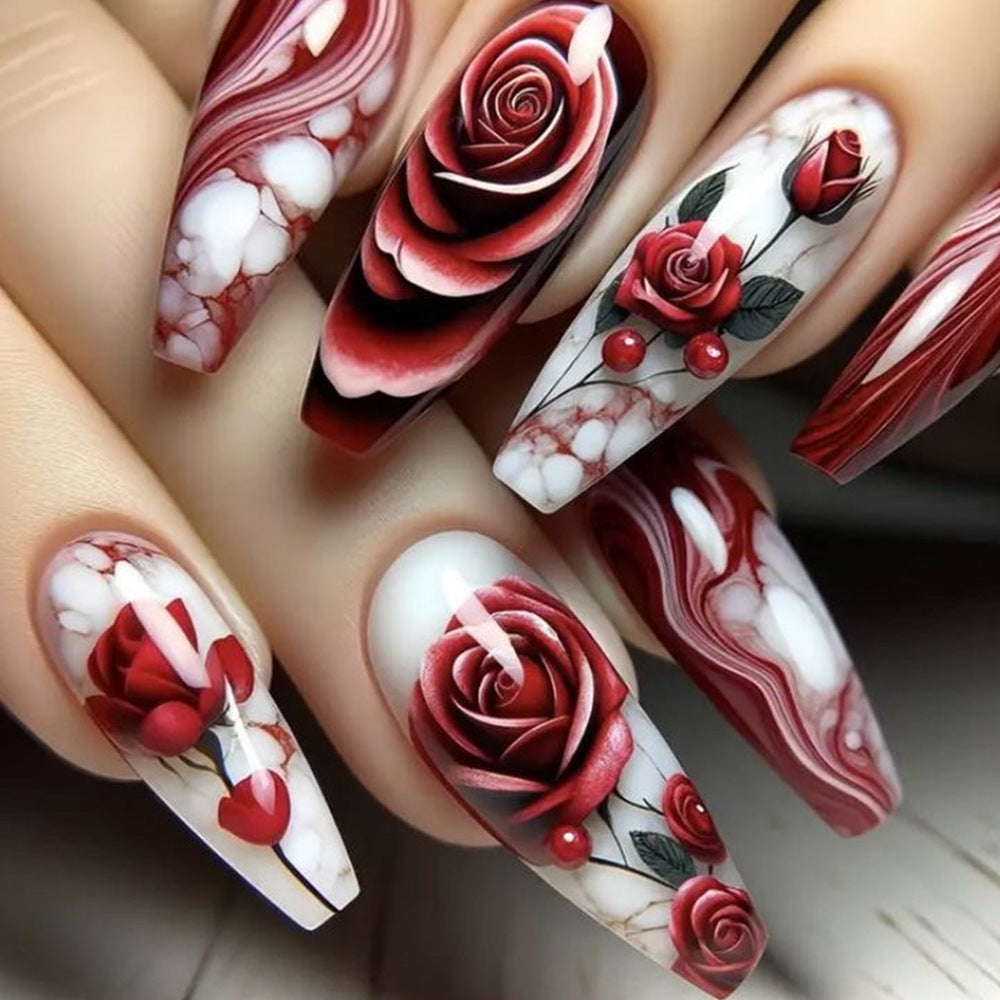 Romantic Rose Garden Medium Coffin Red and White Press On Nail Set with Intricate Floral Designs