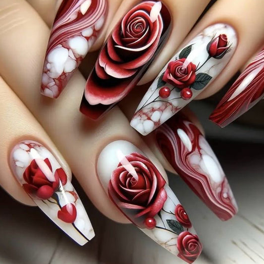 Romantic Rose Garden Medium Coffin Red and White Press On Nail Set with Intricate Floral Designs