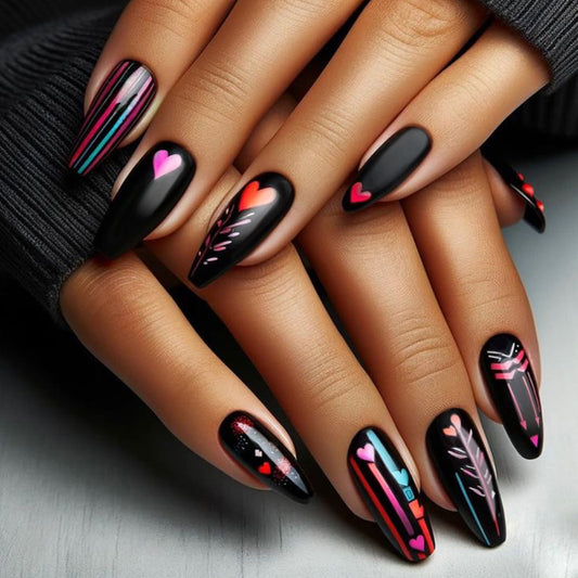 Romantic Night Black Medium Coffin Shaped Press On Nails with Heart and Line Designs