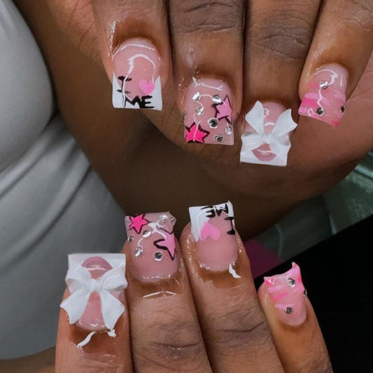 Charming Romance Short Square Pink and White Press On Nail Set with Unique Bow Design and Rhinestone Accents