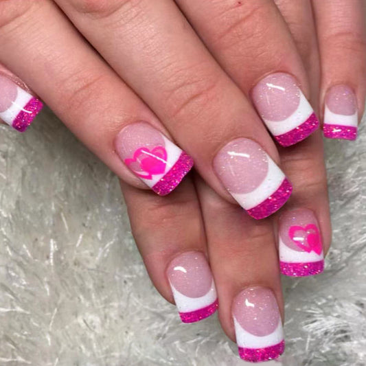 Love Story Elegant Short Square Glitter Pink Press On Nail Set with Heart Design and Shimmering Finish