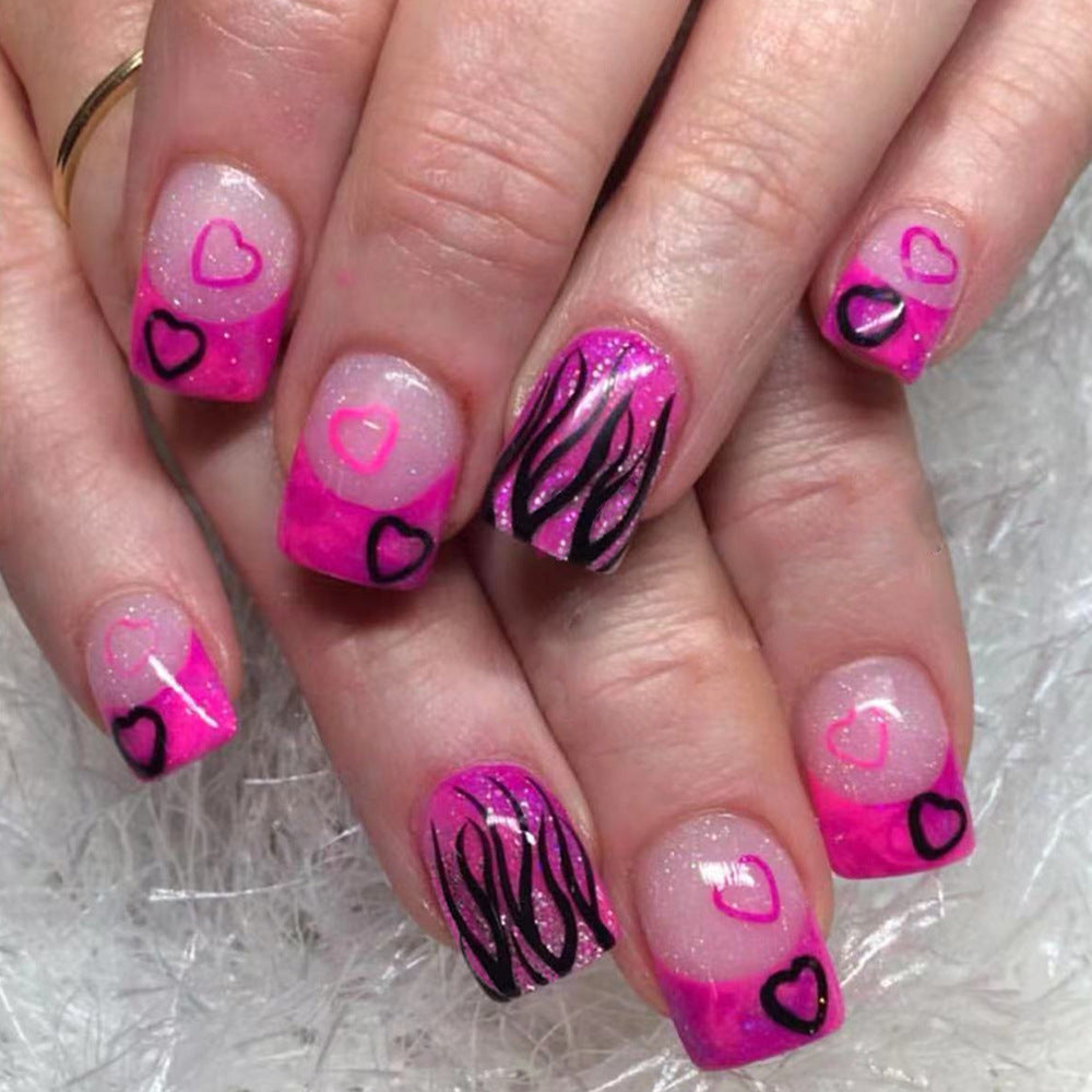 Romantic Hearts Theme Short Square Shaped Pink Color with Sparkling Glitter Finish and Bold Black Stripes Press On Nail Set