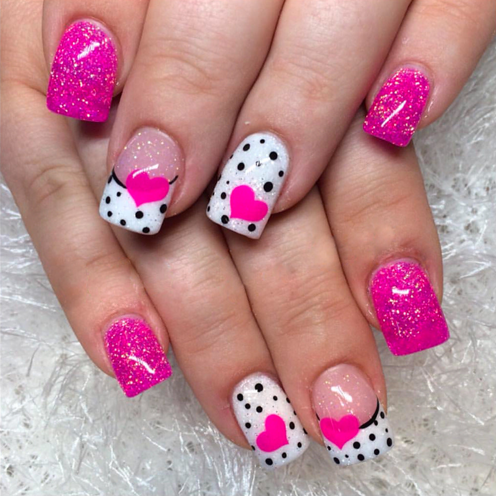 Charming Hearts Shimmer Medium Square Pink and White Press On Nail Set with Glitter and Polka Dots