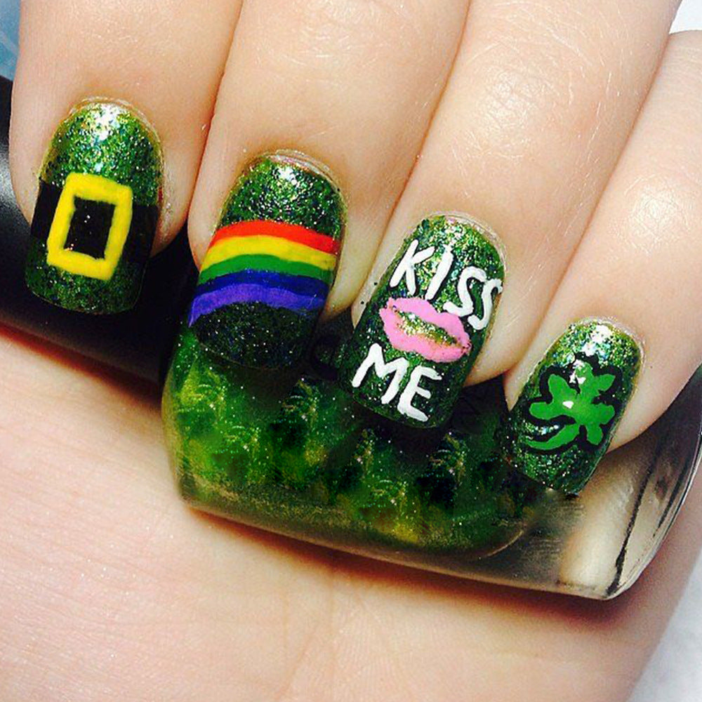 Lucky Charm Festive Medium Square Green Glitter Press On Nail Set with Unique Irish Designs