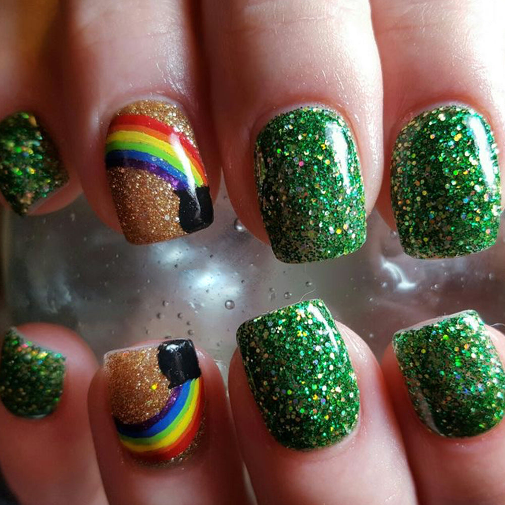 Rainbow Sparkle Dreamy Short Square Green Glitter Press On Nail Set with Charming Colorful Accents