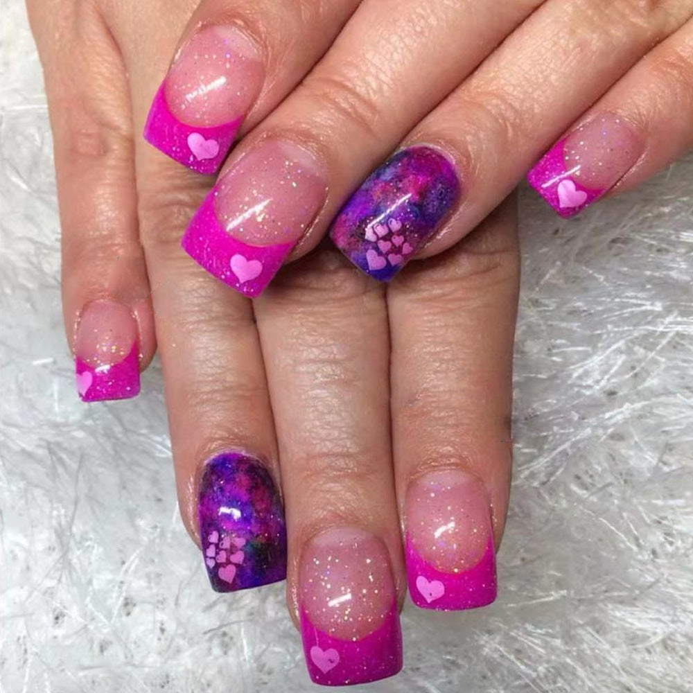 Celestial Dream Press On Nail Set Medium Square Pink Ombre with Heart Designs and Glitter Accents