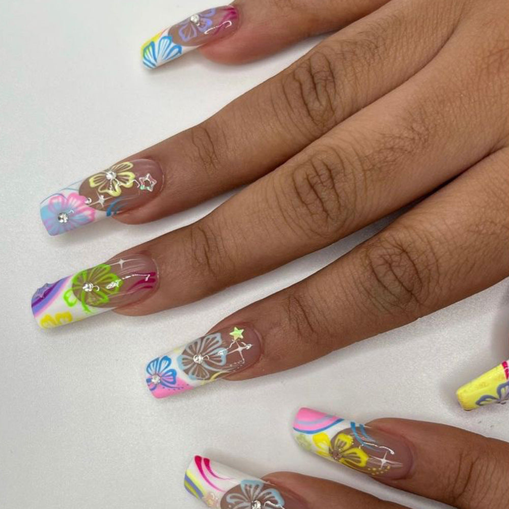 Tropical Bliss Long Square Colorful Floral Design Press On Nail Set with Rhinestone Accents