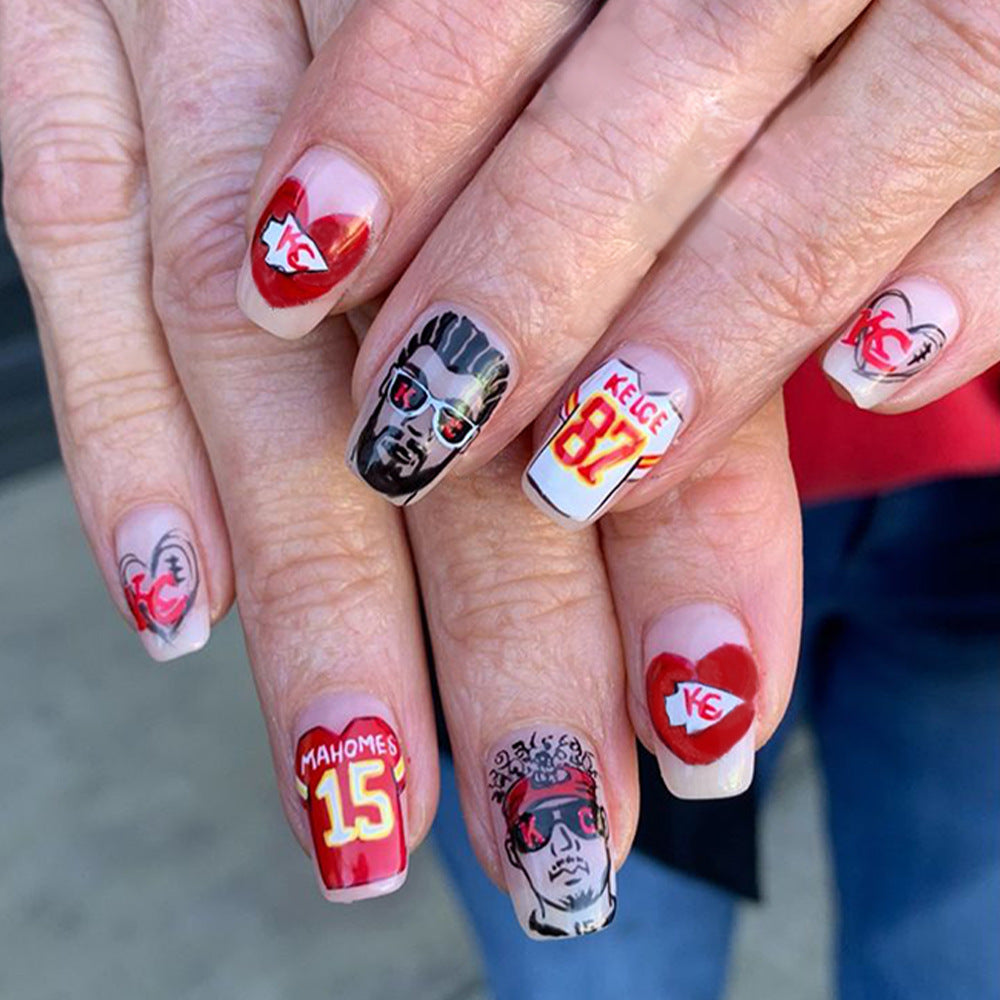 Football Fanatic Festive Short Square Red and Beige Print Nail Set with Iconic Player Designs