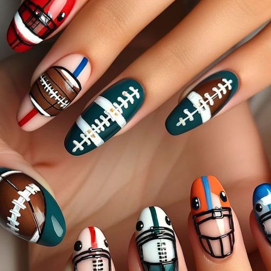 Sporty Touch Glamorous Medium Oval Shaped Colorful Press On Nail Set with Unique Football Design