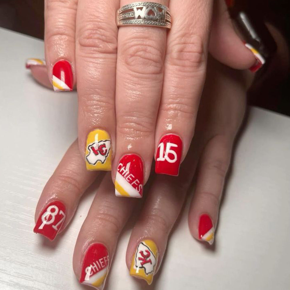 Game Day Glamour Red and Yellow Short Square Press On Nail Set with Sports Team Logos