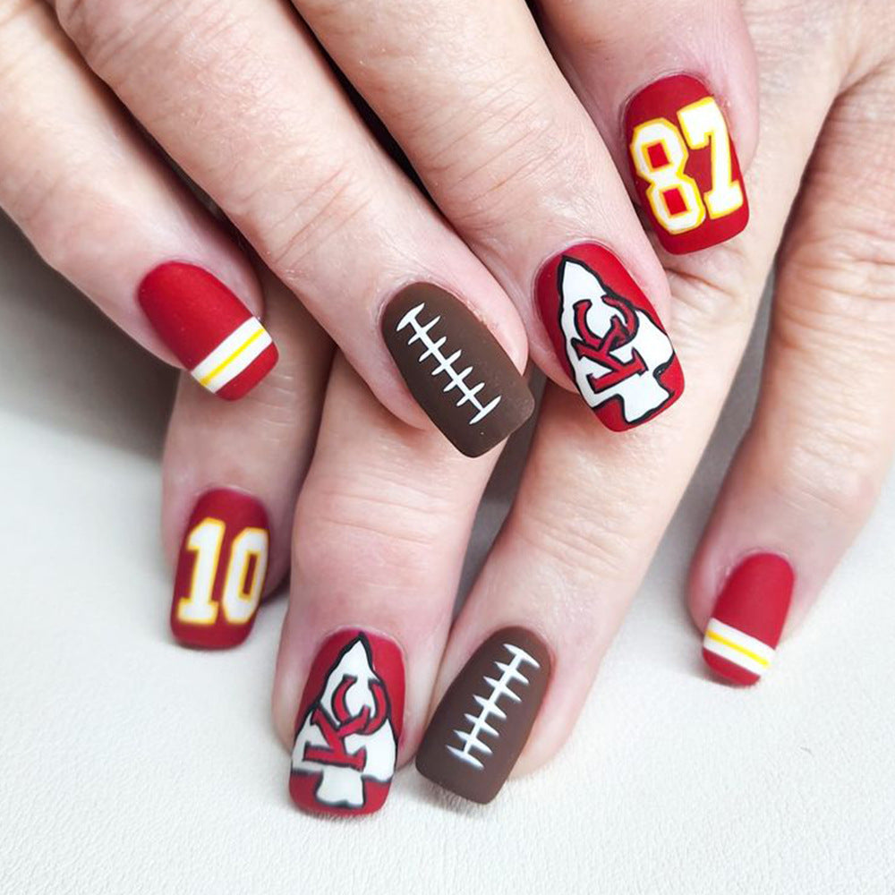 Game Day Vibes Short Square Red and Brown Press On Nail Set Featuring Football and Team Logo Designs
