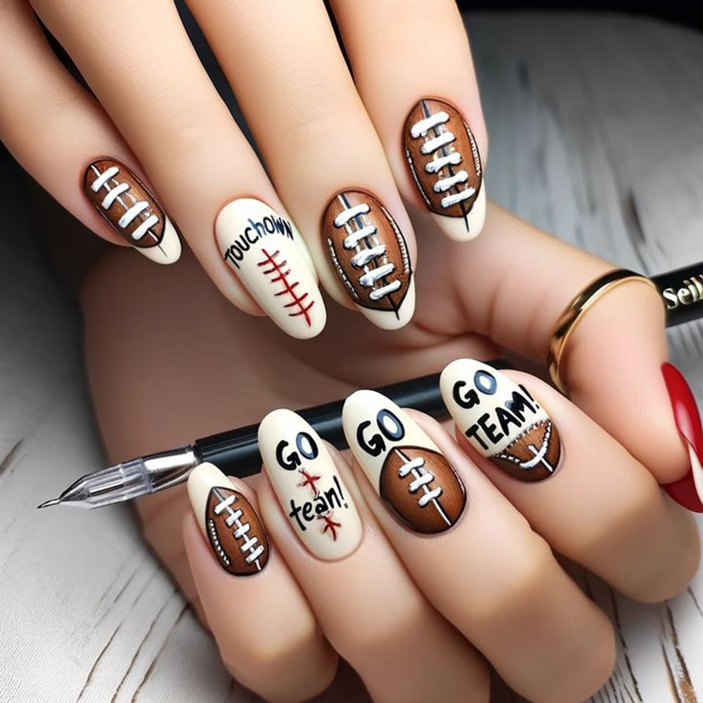 Game Day Spirit Medium Oval Brown and Cream Nails with Fun Football Theme