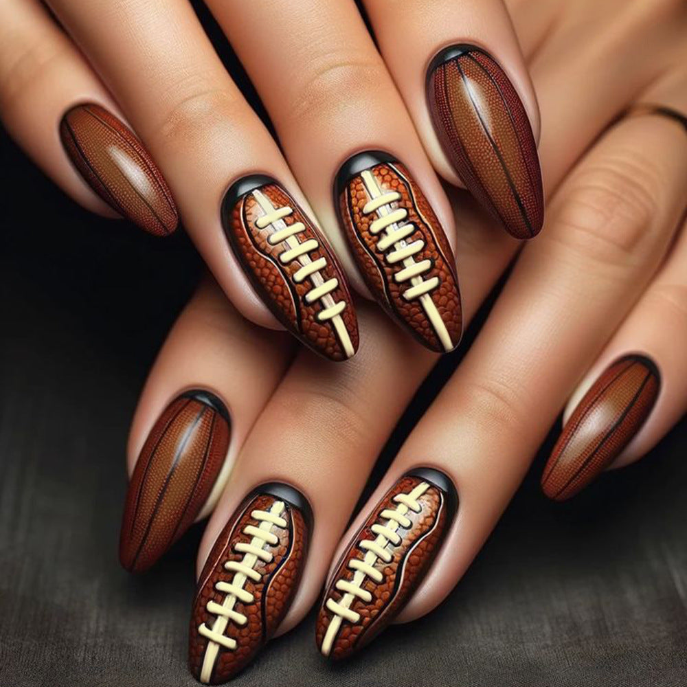 Sporty Elegance Medium Almond Brown Textured Nails with Football Design