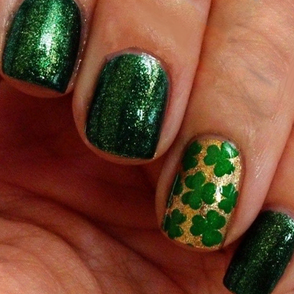 Lucky Charm Emerald Short Square Glittery Press-On Nail Set with Trendy Shamrock Design