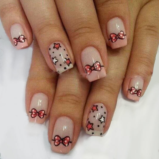 Charming Bowtie Fantasy Short Square Pink Press-On Nail Set with Whimsical Star Accents