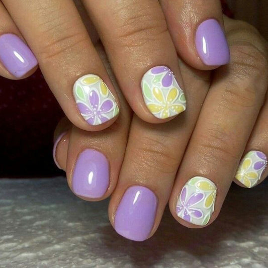 Floral Dream Press On Nail Set Short Square Lavender with Vibrant Flower Designs