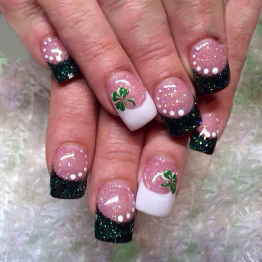 Lucky Charm Glittery Medium Square Press On Nail Set in Green White and Pink with Shamrock Accents