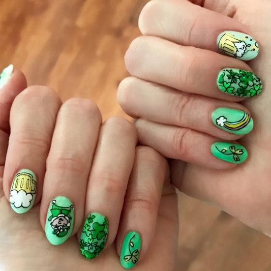 Lucky Charm Inspired Short Almond Green Press On Nail Set with Whimsical Designs