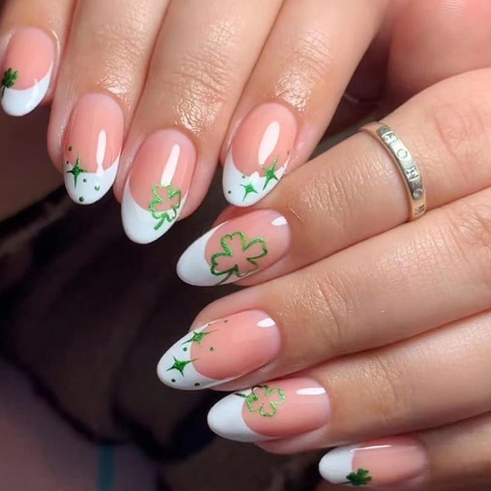 Lucky Clover Elegant Short Almond Shaped Pink and White Press On Nail Set with Stunning Green Leaf Designs