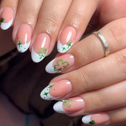 Lucky Clover Elegant Short Almond Shaped Pink and White Press On Nail Set with Stunning Green Leaf Designs
