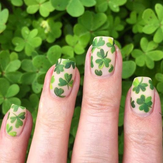 Lucky Clover Inspired Short Square Green Press-On Nail Set with Charming Botanical Artistry