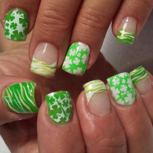 Lucky Clover Themed Short Square Green Press On Nail Set with Floral Patterns and Shimmering Gold Accents