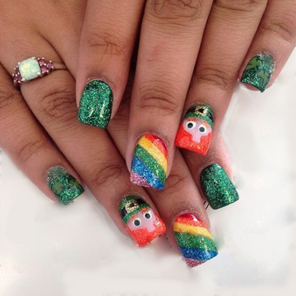 Rainbow Wonderland Press On Nail Set Short Square Glittery Green and Colorful Character Design