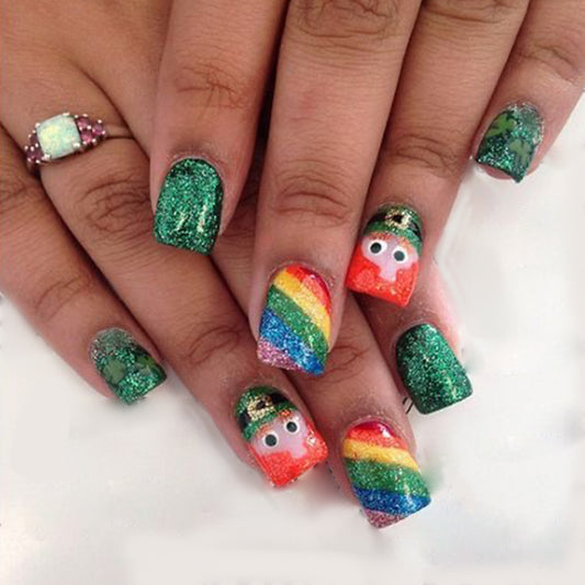 Rainbow Wonderland Press On Nail Set Short Square Glittery Green and Colorful Character Design