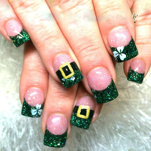 Festive Emerald Green Short Square Glitter Press On Nail Set with Unique Lucky Charm Design