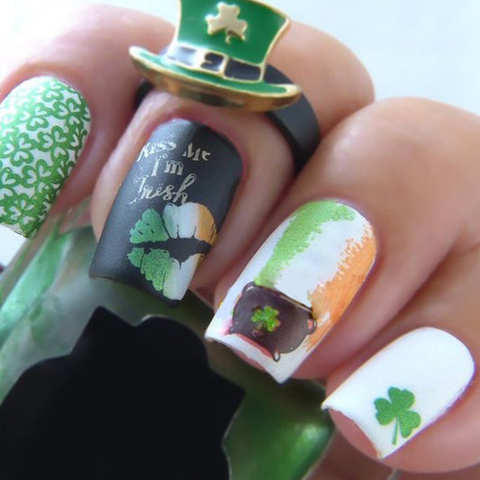 Festive Irish Charm Medium Square Green with Shamrock and Kiss Me I'm Irish Design Press on Nail Set