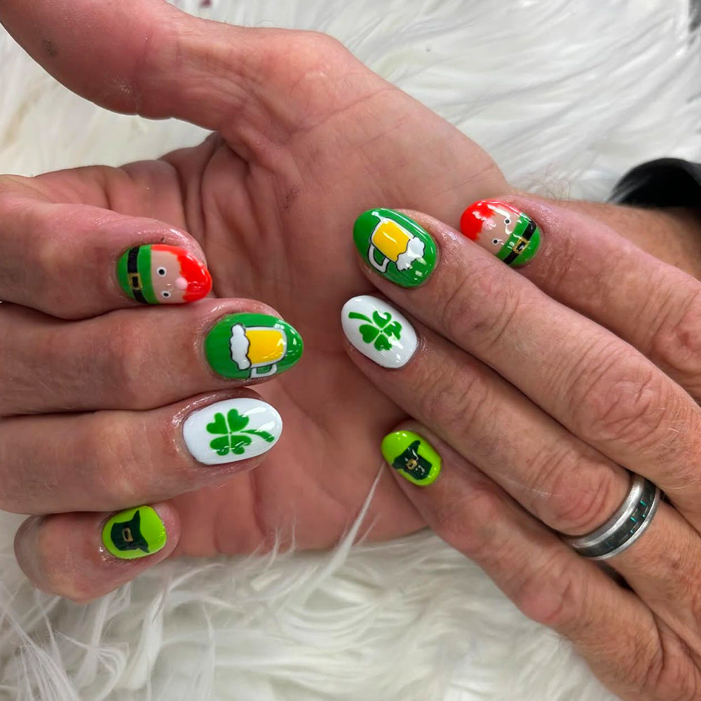St. Patrick's Day Magic Short Round Green White with Fun Leprechaun and Beer Designs Press on Nail Set