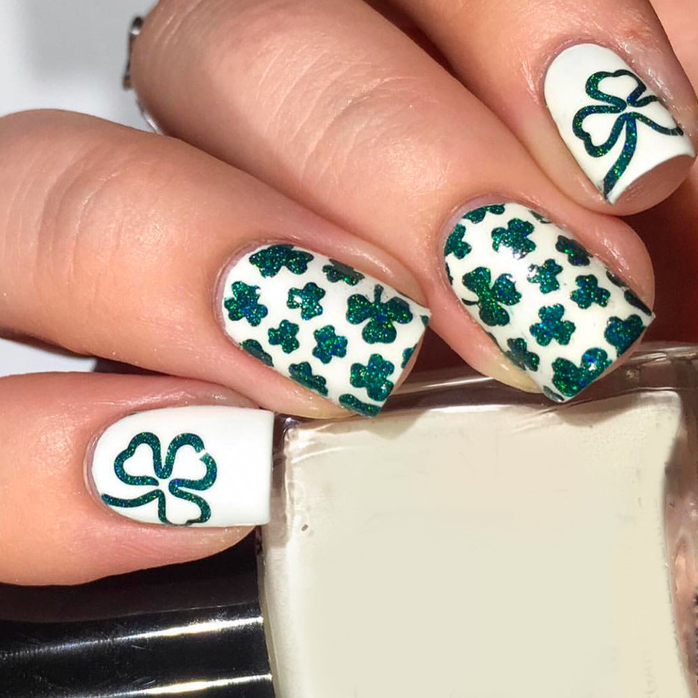 Lucky Charm St. Patrick's Day Short Square White and Green Glittery Shamrock Press-On Nail Set